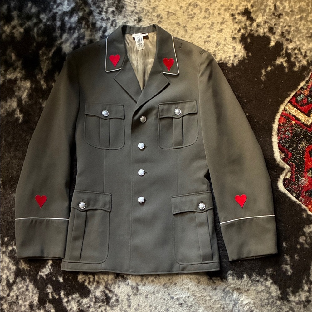 Men's Gray Military Jacket with Red Heart Accents